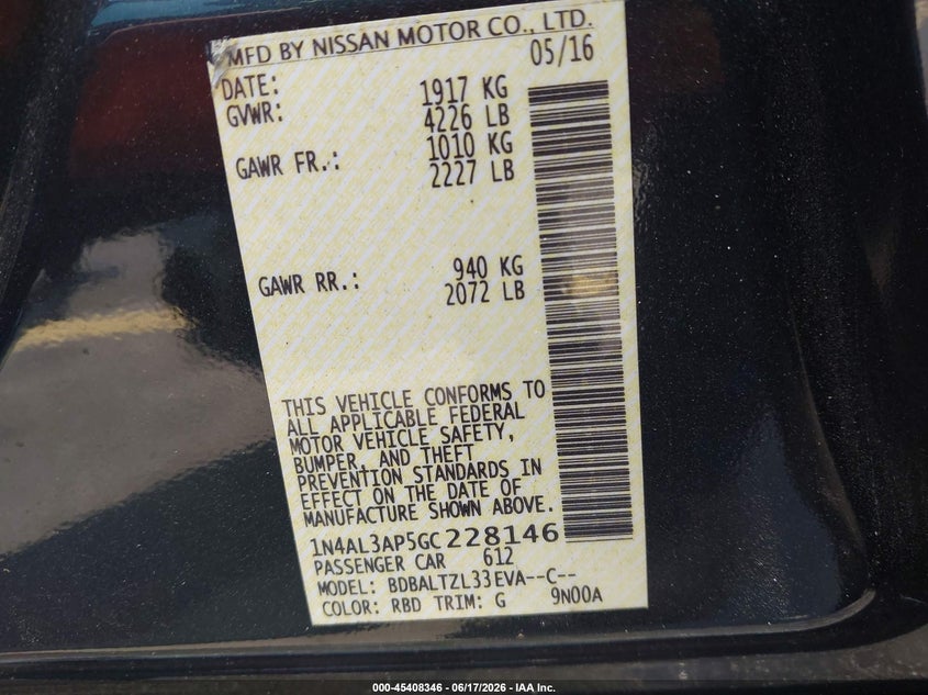 2016 Nissan Altima VIN 1N4AL3AP5GC228146 IAAI salvage auction — RIGHT SIDE, Rebuildable (Florida), sold $800 on 2026-07-11 (photo 9)