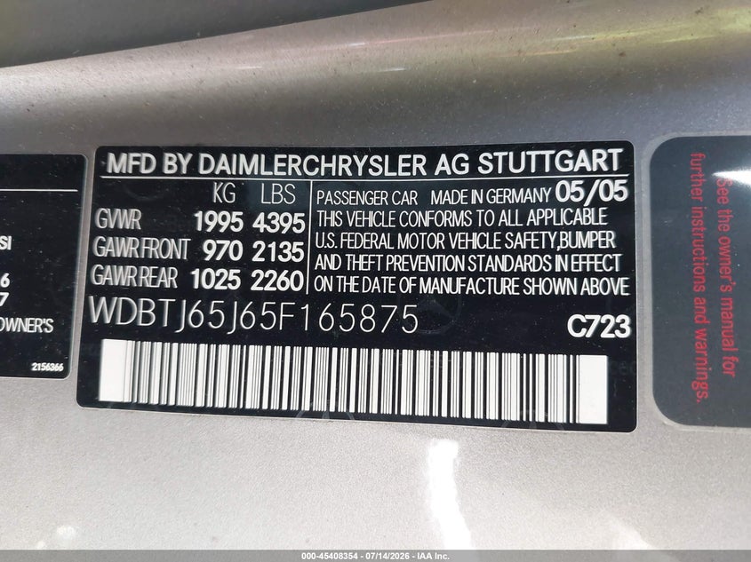 2005 Mercedes-benz Clk-class VIN WDBTJ65J65F165875 IAAI salvage auction — LEFT SIDE, Bill Of Sale (Washington), sold $300 on 2026-08-05 (photo 9)