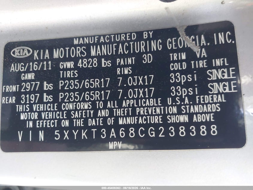 2012 Kia Sorento VIN 5XYKT3A68CG238388 IAAI salvage auction — UNKNOWN, Salvage Title - Dealer (California), sold $450 on 2026-07-22 (photo 9)