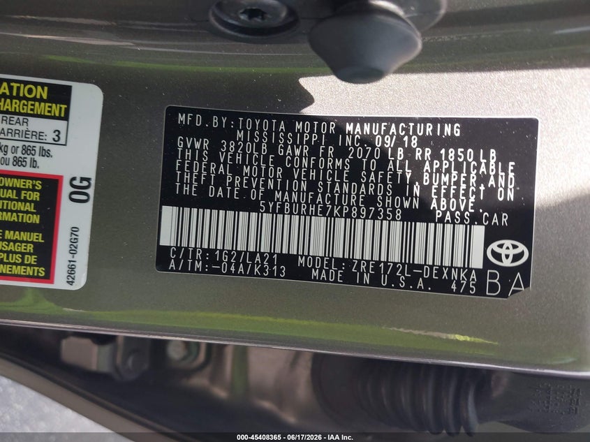 2019 Toyota Corolla VIN 5YFBURHE7KP897358 IAAI salvage auction — RIGHT SIDE, Rebuildable (Florida), sold $4,700 on 2026-07-09 (photo 9)
