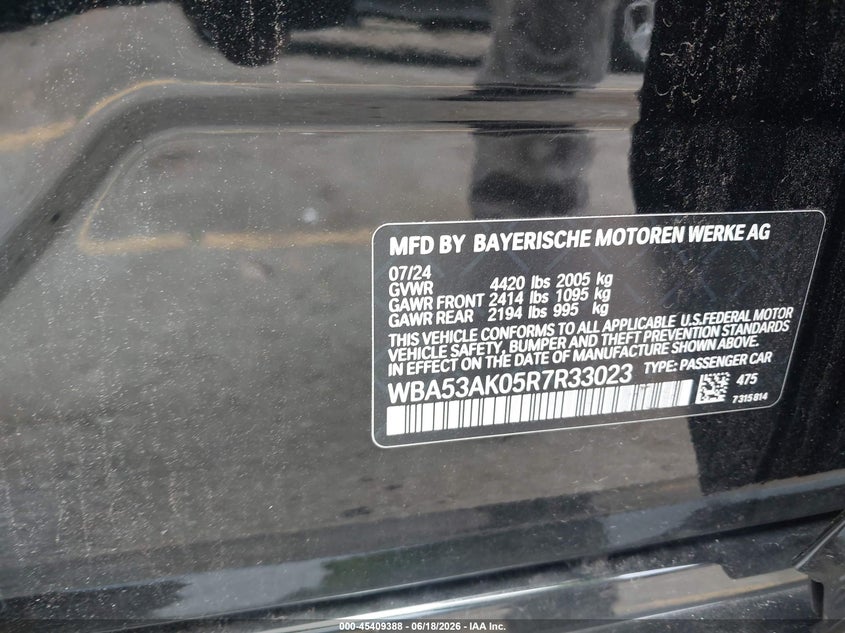 2024 BMW 2er VIN WBA53AK05R7R33023 IAAI salvage auction — FRONT END, Salvage Title, sold $3,550 on 2026-07-29 (photo 9)