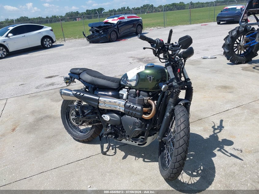 2023 Triumph motorcycle Scrambler VIN SMTD44G70PTBL0101 IAAI salvage auction — FRONT END, Rebuildable (Florida), sold $775 on 2026-07-28 (photo 1)