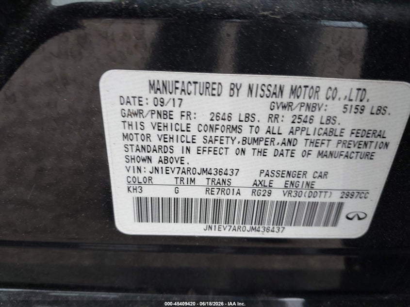 2018 Infiniti Q50 VIN JN1EV7AR0JM436437 IAAI salvage auction — UNKNOWN, Wait Title, sold $5,275 on 2026-08-28 (photo 9)