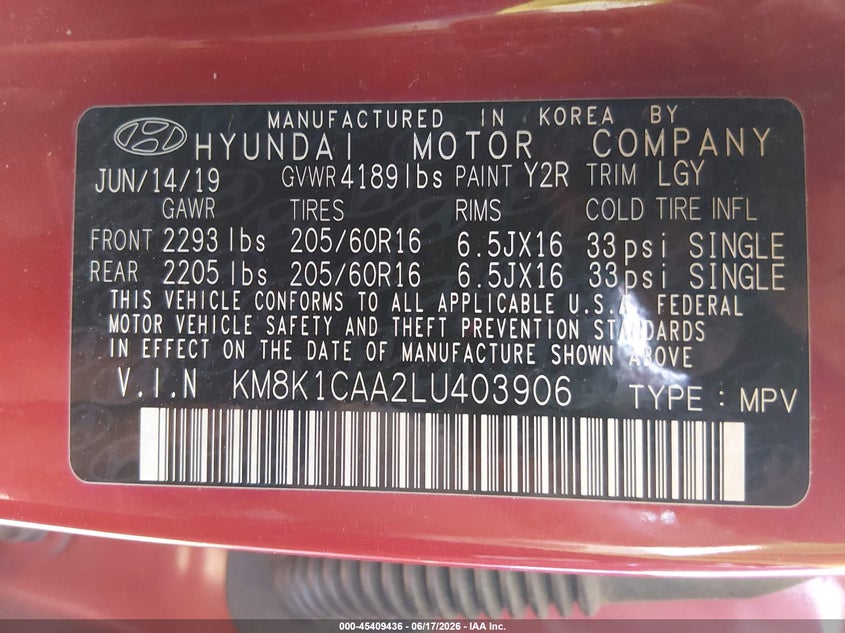 2020 Hyundai Kona VIN KM8K1CAA2LU403906 IAAI salvage auction — FRONT END, Salvage (Pennsylvania), sold $2,000 on 2026-07-14 (photo 9)
