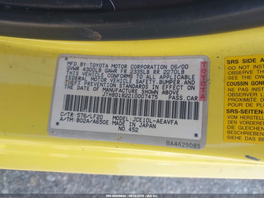 2001 Lexus Is 300 VIN JTHBD182210007475 IAAI salvage auction — FRONT END, Salvage (California), sold $475 on 2026-07-21 (photo 9)