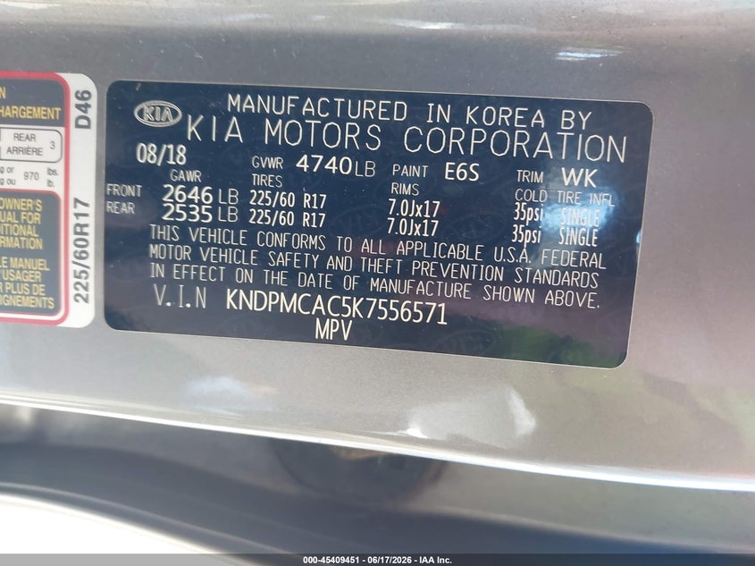 2019 Kia Sportage VIN KNDPMCAC5K7556571 IAAI salvage auction — THEFT, Mv-907A (New York), sold $4,000 on 2026-07-23 (photo 9)