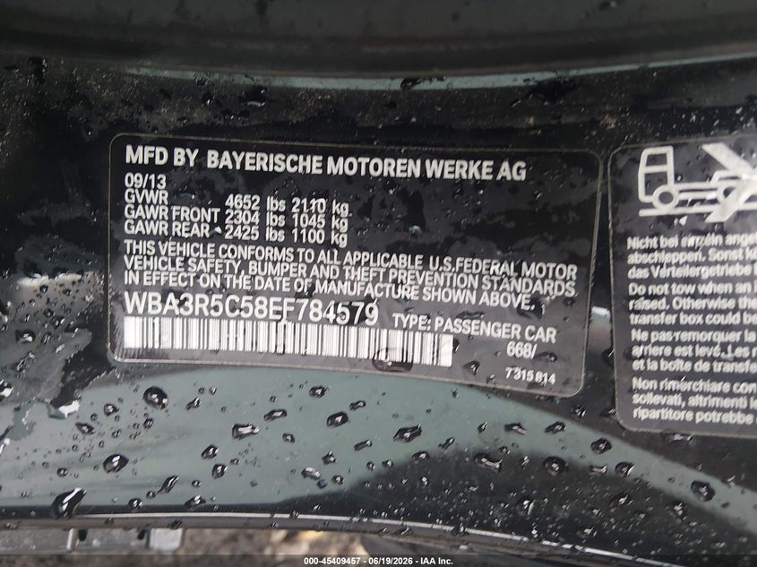 2014 BMW 4er VIN WBA3R5C58EF784579 IAAI salvage auction — FRONT & REAR, Clear (Virginia), sold $1,850 on 2026-07-09 (photo 9)