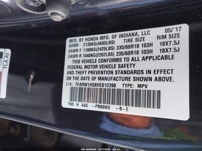 2017 Honda Cr-v VIN 7FARW1H58HE010398 IAAI salvage auction — FRONT END, Salvage (California), sold $8,600 on 2026-07-14 (photo 9)