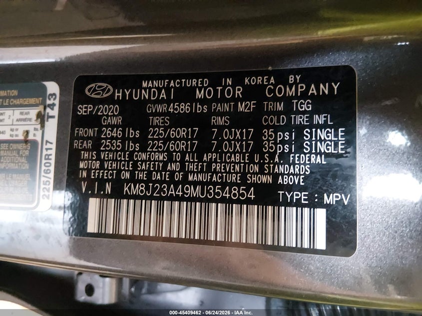 2021 Hyundai Tucson VIN KM8J23A49MU354854 IAAI salvage auction — HAIL, Salvage (Arkansas), sold $5,250 on 2026-07-30 (photo 9)