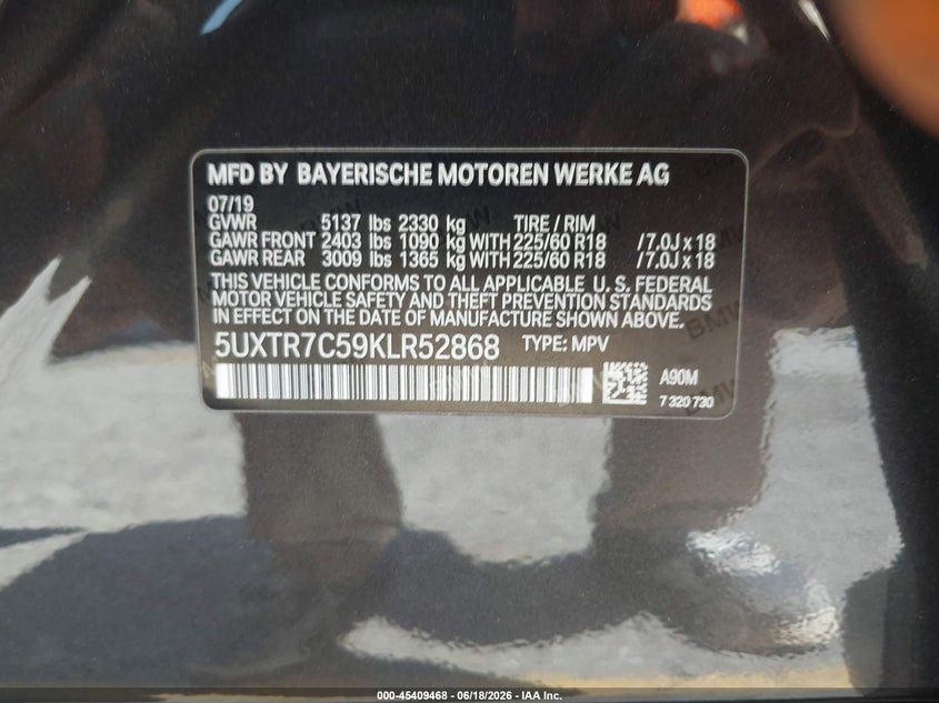 2019 BMW X3 VIN 5UXTR7C59KLR52868 IAAI salvage auction — FRONT END, Salvage (California), sold $25 on 2026-07-28 (photo 9)