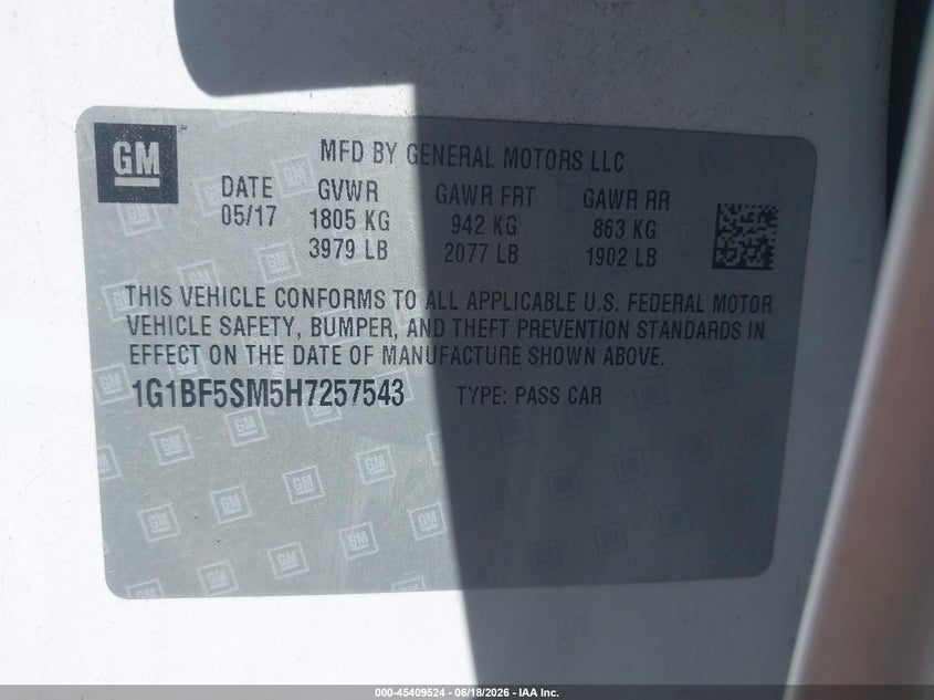 2017 Chevrolet Cruze VIN 1G1BF5SM5H7257543 IAAI salvage auction — FRONT END, Salvage (Utah), sold $3,450 on 2026-07-09 (photo 9)