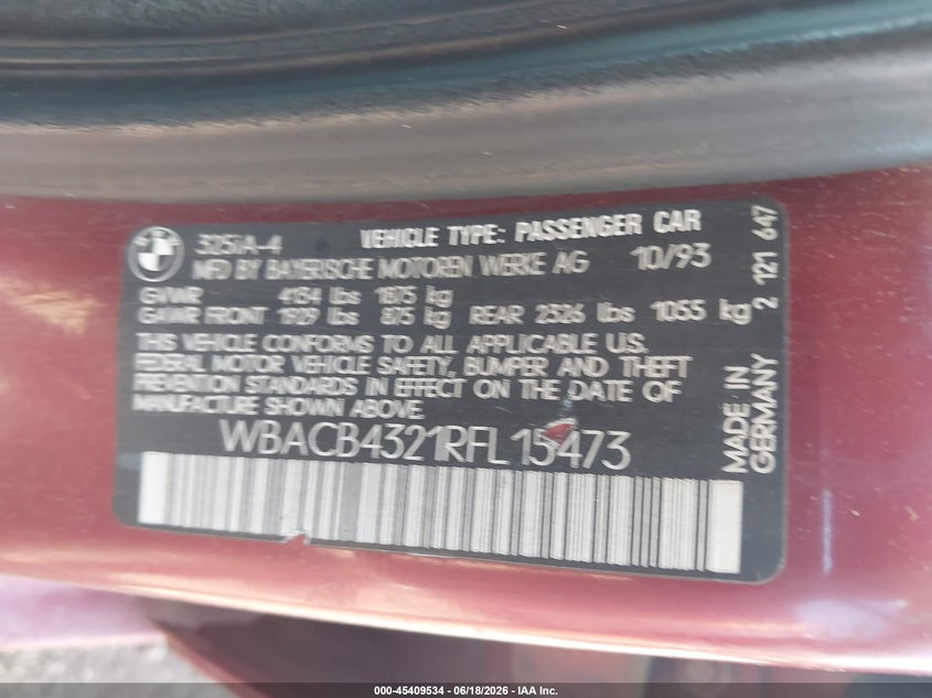 1994 BMW 3er VIN WBACB4321RFL15473 IAAI salvage auction — NORMAL WEAR, Clear (Illinois), sold $475 on 2026-07-22 (photo 9)