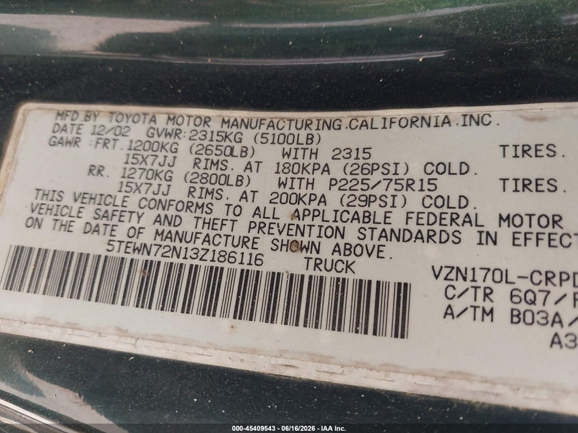 2003 Toyota Tacoma VIN 5TEWN72N13Z186116 IAAI salvage auction — NORMAL WEAR, Clear (Massachusetts), sold $1,875 on 2026-07-21 (photo 9)