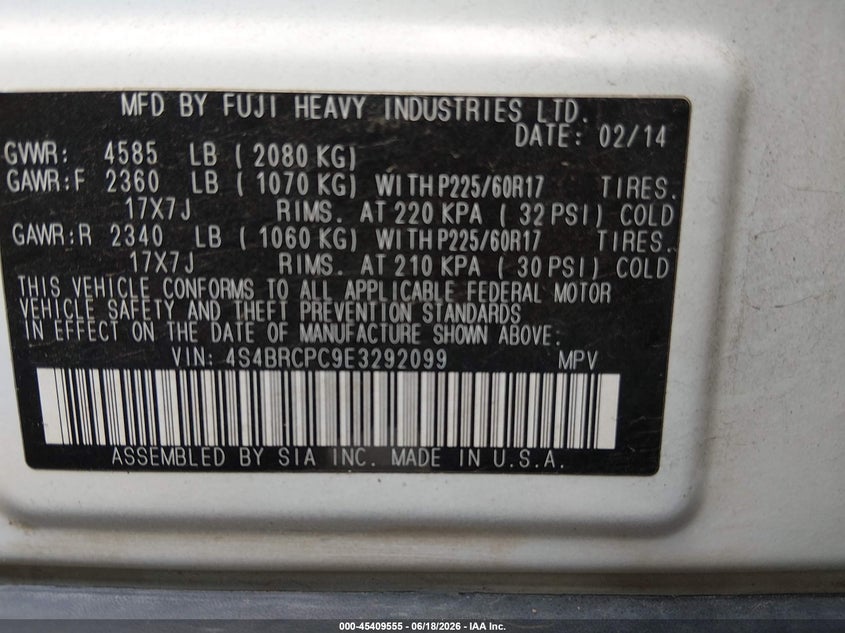 2014 Subaru Outback VIN 4S4BRCPC9E3292099 IAAI salvage auction — FRONT END, Salvage Title, sold $925 on 2026-08-01 (photo 9)