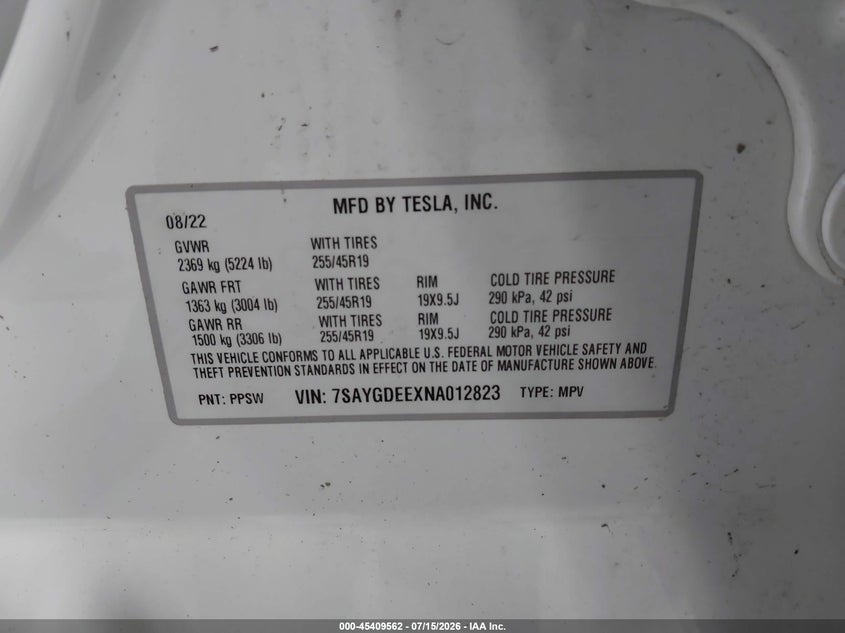 2022 Tesla Model y VIN 7SAYGDEEXNA012823 IAAI salvage auction — RIGHT FRONT, Salvage Title, sold $525 on 2026-07-23 (photo 9)