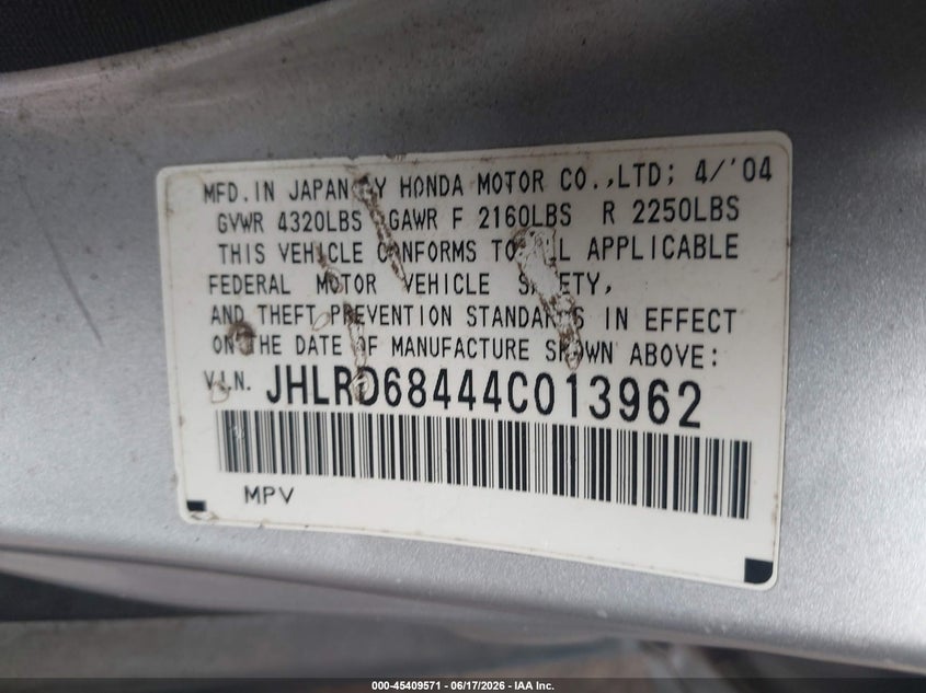 2004 Honda Cr-v VIN JHLRD68444C013962 IAAI salvage auction — REAR END, Rebuildable (Florida), sold $975 on 2026-07-10 (photo 9)