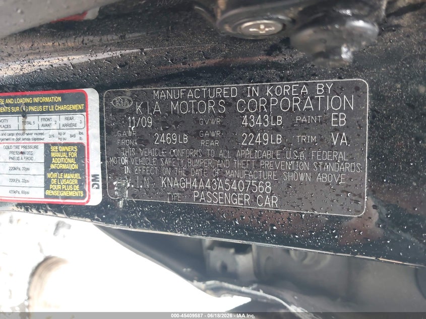 2010 Kia Optima VIN KNAGH4A43A5407568 IAAI salvage auction — SIDE, Salvage (Georgia), sold $200 on 2026-07-22 (photo 9)