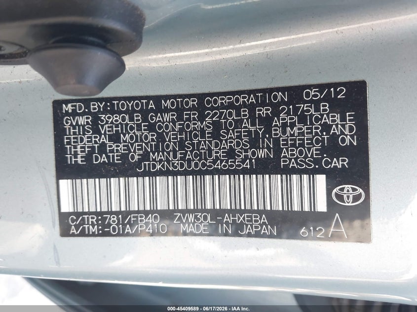 2012 Toyota Prius VIN JTDKN3DU0C5465541 IAAI salvage auction — REAR END, Salvage (California), sold $1,175 on 2026-07-16 (photo 9)