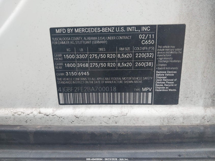 2011 Mercedes-benz Gl-class VIN 4JGBF2FE2BA700018 IAAI salvage auction — FRONT END, Salvage (Pennsylvania), sold $1,350 on 2026-07-09 (photo 9)