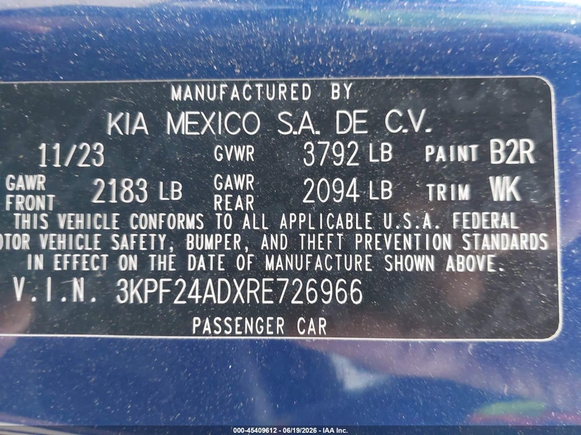 2024 Kia Forte VIN 3KPF24ADXRE726966 IAAI salvage auction — FRONT END, Salvage Title, sold $2,000 on 2026-08-01 (photo 9)