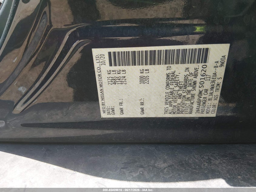 2021 Nissan Maxima VIN 1N4AA6FV0MC501620 IAAI salvage auction — UNKNOWN, Wait Title, sold $7,500 on 2026-08-12 (photo 9)