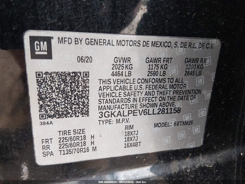 2020 Gmc Terrain VIN 3GKALPEV6LL281158 IAAI salvage auction — FRONT END, Salvage Title, sold $3,850 on 2026-08-03 (photo 9)