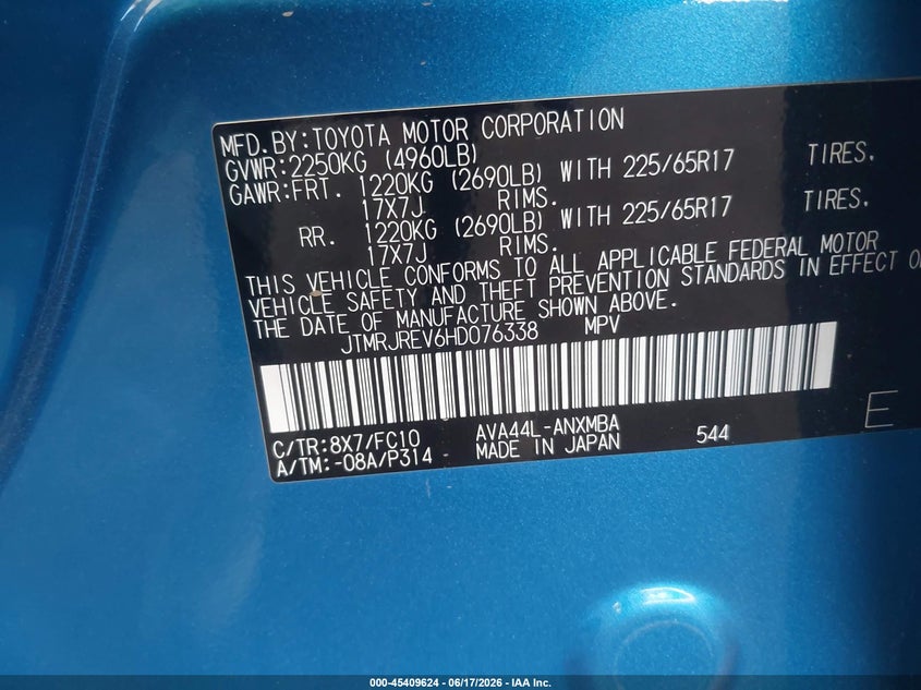 2017 Toyota Rav4 hybrid VIN JTMRJREV6HD076338 IAAI salvage auction — NORMAL WEAR, Clear (Arizona), sold $13,650 on 2026-07-14 (photo 9)