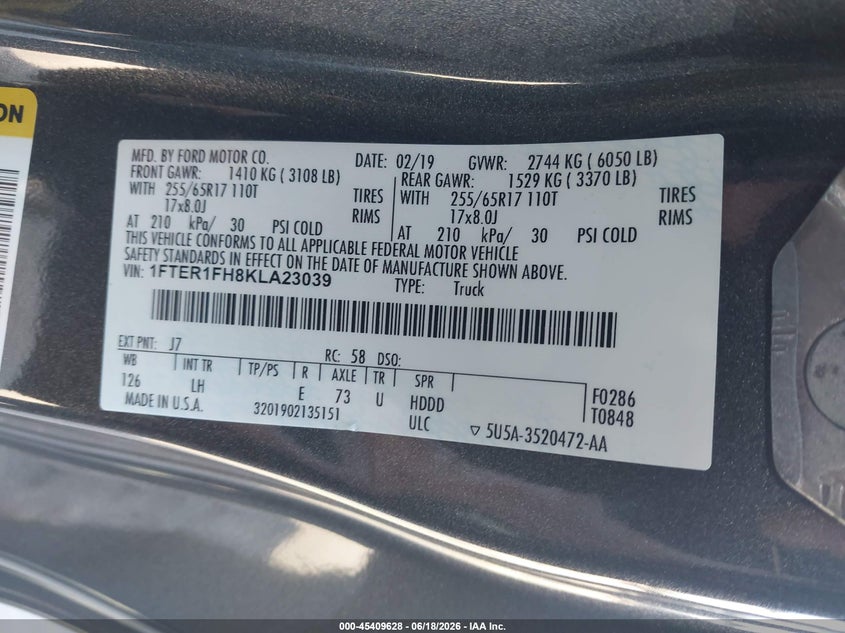 2019 Ford Ranger VIN 1FTER1FH8KLA23039 IAAI salvage auction — HAIL, Clear (Wisconsin), sold $8,400 on 2026-07-09 (photo 9)