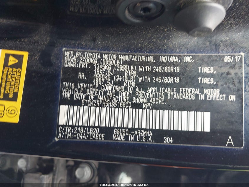 2017 Toyota Highlander VIN 5TDKZRFH5HS516900 IAAI salvage auction — FRONT END, Salvage (Idaho), sold $425 on 2026-07-29 (photo 9)