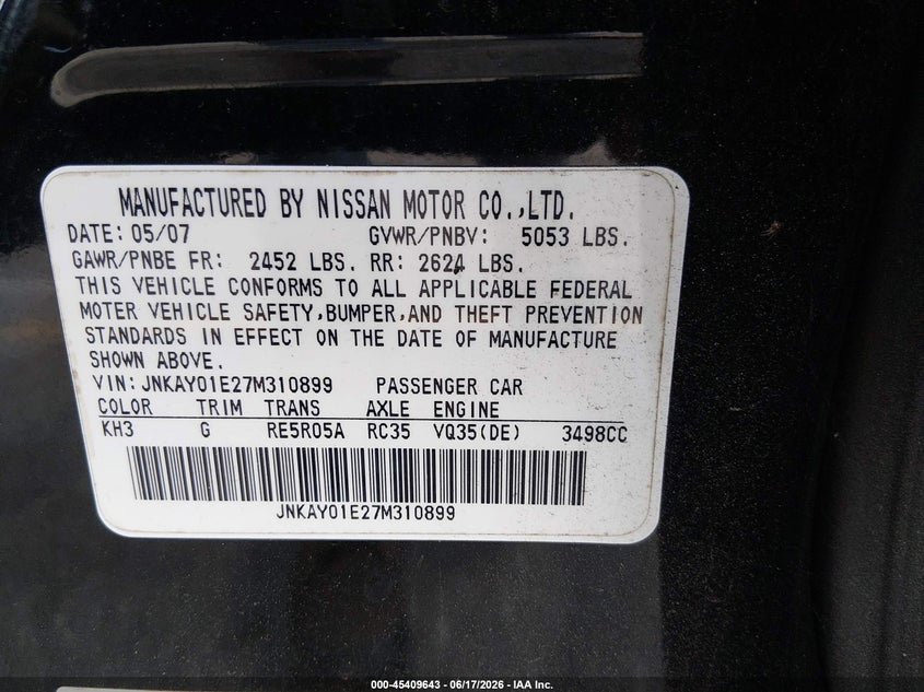 2007 Infiniti M35 VIN JNKAY01E27M310899 IAAI salvage auction — FRONT END, Salvage (South Carolina), sold $350 on 2026-07-08 (photo 9)