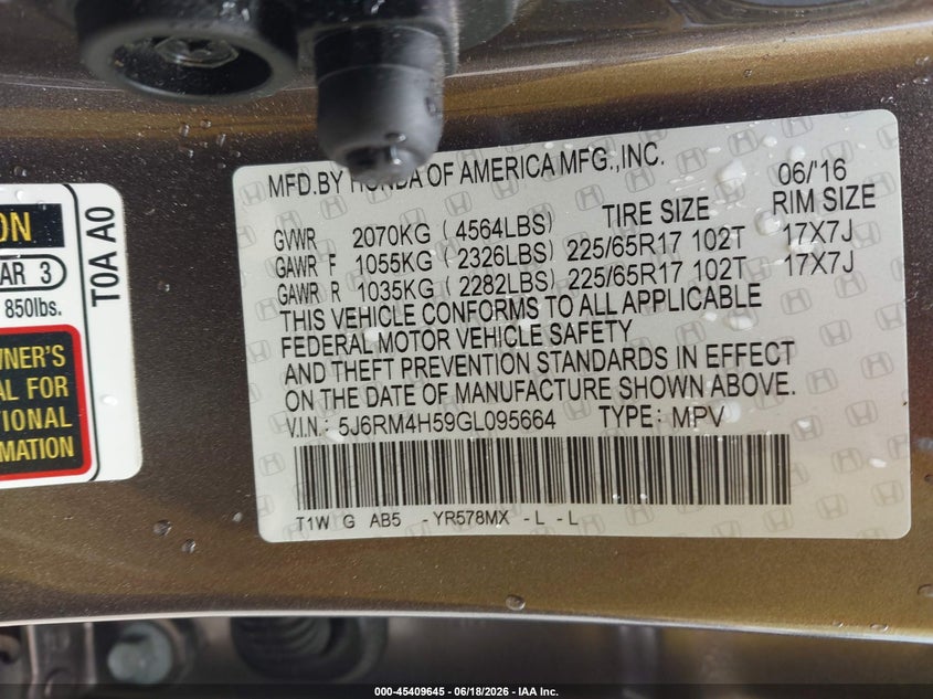 2016 Honda Cr-v VIN 5J6RM4H59GL095664 IAAI salvage auction — REAR END, Salvage (New Jersey), sold $4,800 on 2026-08-01 (photo 9)
