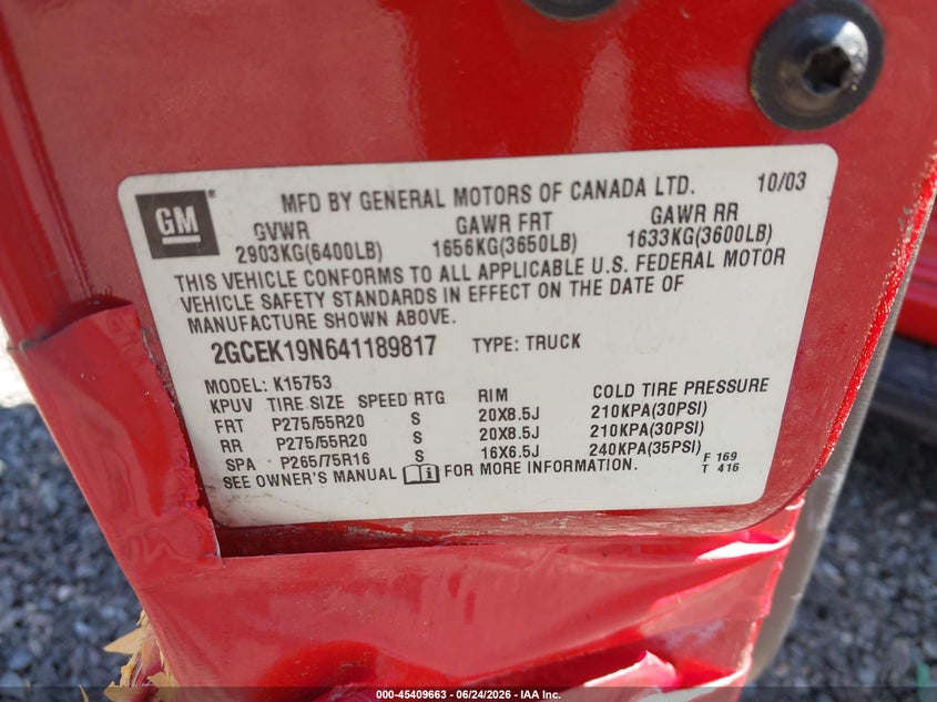 2004 Chevrolet Silverado 1500 VIN 2GCEK19N641189817 IAAI salvage auction — LEFT FRONT, Salvage (Virginia), sold $2,050 on 2026-07-10 (photo 9)