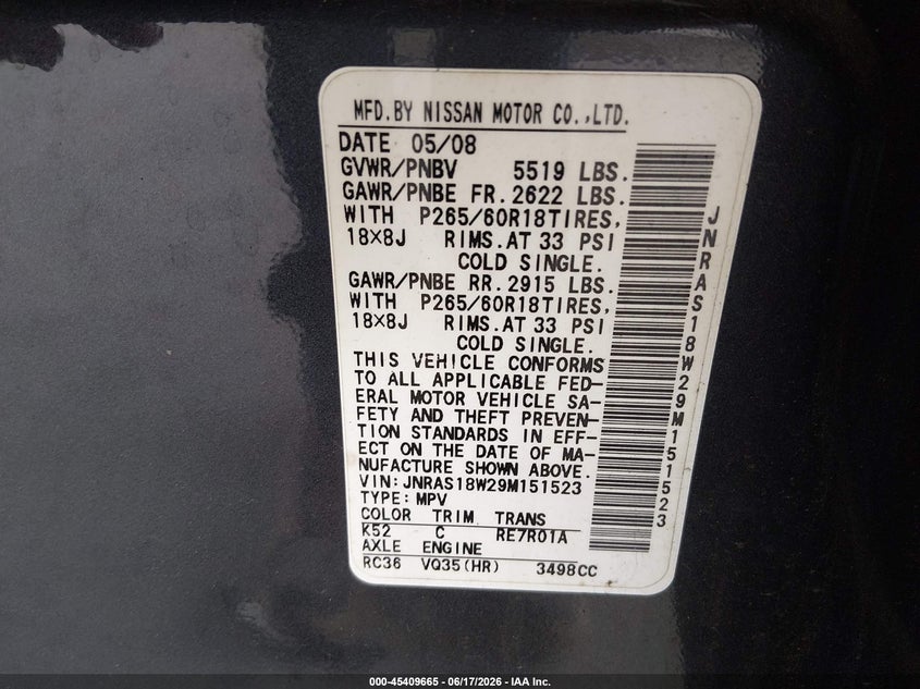 2009 Infiniti Fx35 VIN JNRAS18W29M151523 IAAI salvage auction — FRONT END, Bill Of Sale (Washington), sold $450 on 2026-07-08 (photo 9)
