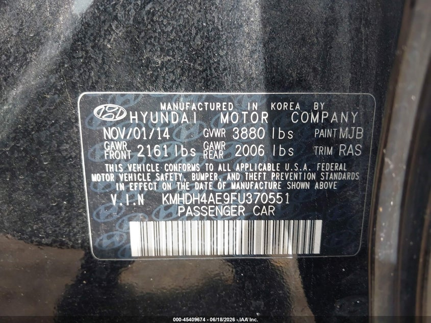 2015 Hyundai Elantra VIN KMHDH4AE9FU370551 IAAI salvage auction — FRONT END, Rebuildable (Florida), sold $975 on 2026-07-06 (photo 9)