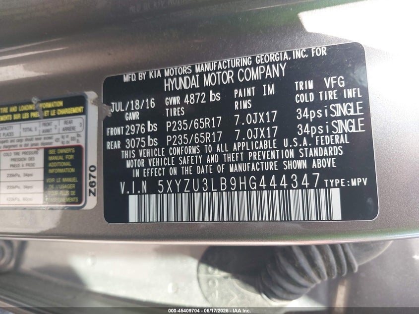2017 Hyundai Santa fe VIN 5XYZU3LB9HG444347 IAAI salvage auction — FRONT END, Salvage (Arkansas), sold $1,750 on 2026-07-30 (photo 9)