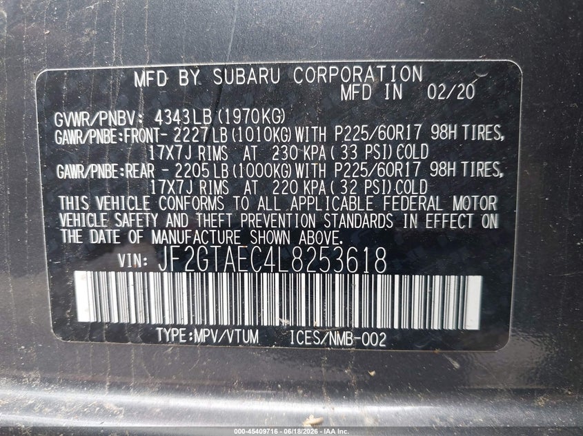 2020 Subaru Xv VIN JF2GTAEC4L8253618 IAAI salvage auction — STORM DAMAGE, Clear (Michigan), sold $825 on 2026-07-27 (photo 9)