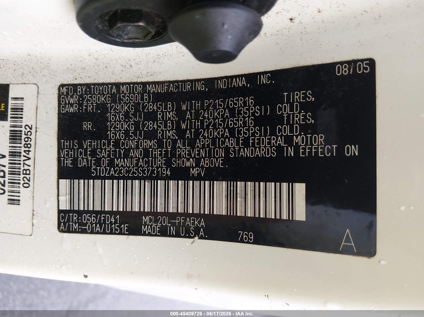 2005 Toyota Sienna VIN 5TDZA23C25S373194 IAAI salvage auction — NORMAL WEAR, Clear (North Carolina), sold $525 on 2026-07-29 (photo 9)