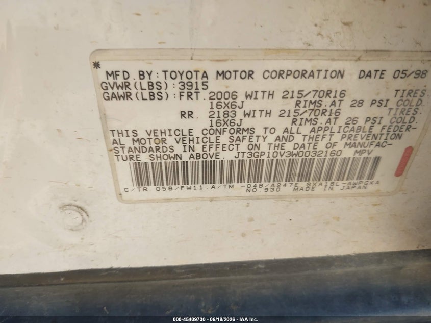 1998 Toyota Rav4 VIN JT3GP10V3W0032160 IAAI salvage auction — NORMAL WEAR, Clear - Dealer Only (California), sold $375 on 2026-07-15 (photo 9)