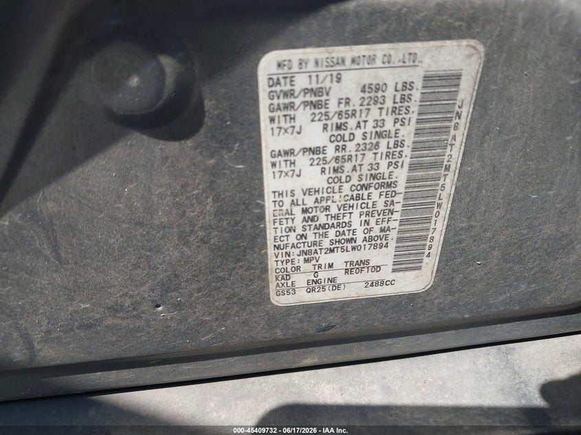 2020 Nissan Rogue VIN JN8AT2MT5LW017894 IAAI salvage auction — LEFT REAR, Salvage Title, sold $2,550 on 2026-07-29 (photo 9)