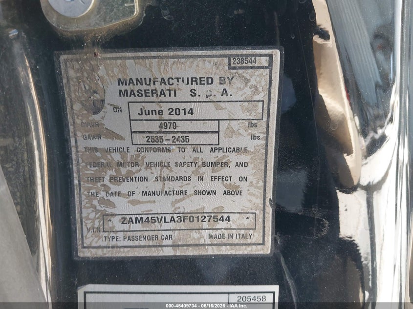 2015 Maserati Granturismo VIN ZAM45VLA3F0127544 IAAI salvage auction — FRONT END, Salvage (California), sold $16,525 on 2026-07-08 (photo 9)