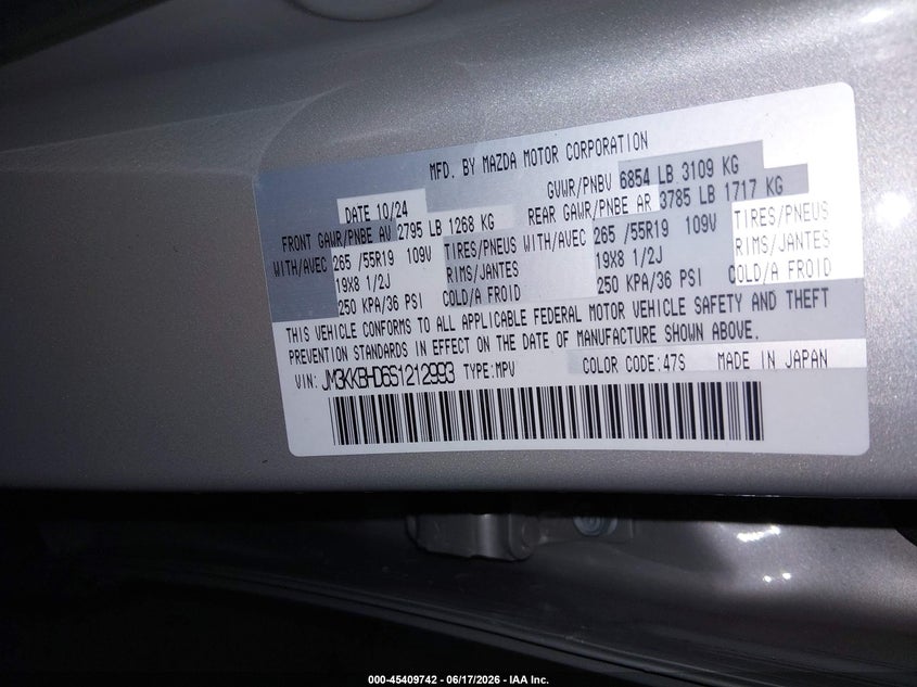 2025 Mazda Cx-90 VIN JM3KKBHD6S1212993 IAAI salvage auction — FRONT END, Salvage Title, sold $8,050 on 2026-08-21 (photo 9)