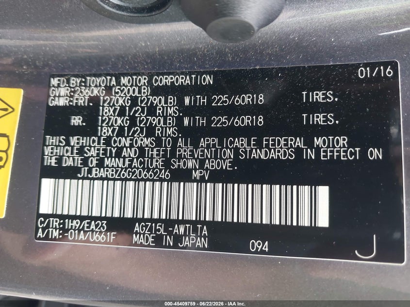 2016 Lexus VIN JTJBARBZ6G2066246 IAAI salvage auction — FRONT END, Clear (Indiana), sold $5,500 on 2026-07-15 (photo 9)