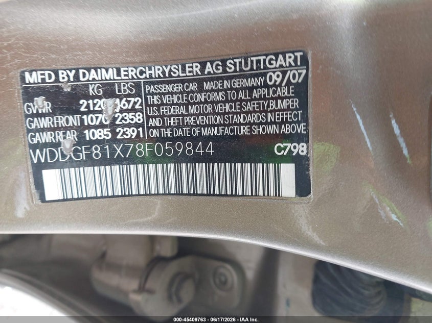 2008 Mercedes-benz C class VIN WDDGF81X78F059844 IAAI salvage auction — NORMAL WEAR, Clear (Colorado), sold $725 on 2026-07-22 (photo 9)