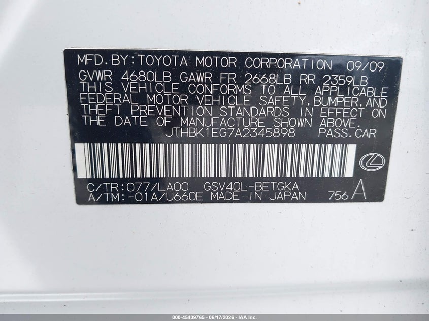 2010 Lexus Es 350 VIN JTHBK1EG7A2345898 IAAI salvage auction — RIGHT FRONT, Salvage (Georgia), sold $1,650 on 2026-08-01 (photo 9)