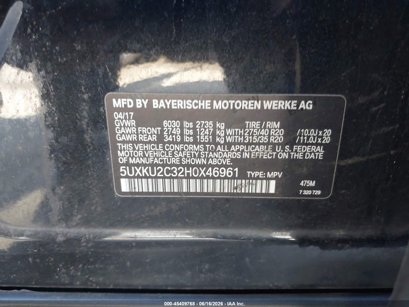 2017 BMW X6 VIN 5UXKU2C32H0X46961 IAAI salvage auction — NORMAL WEAR, Clear - Dealer Only (California), sold $4,725 on 2026-07-15 (photo 9)