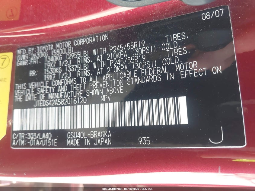 2008 Toyota Highlander VIN JTEDS42A582016120 IAAI salvage auction — FRONT END, Salvage (California), sold $2,050 on 2026-07-12 (photo 9)