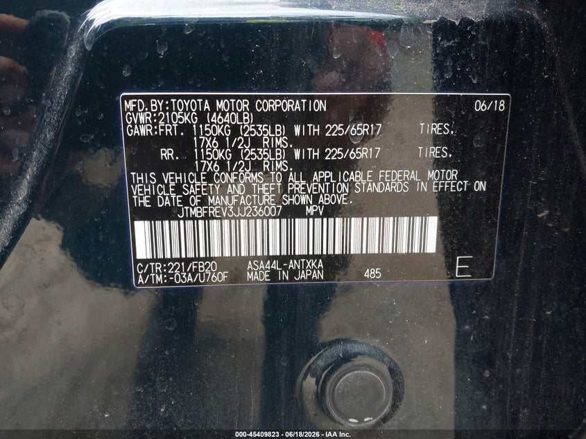 2018 Toyota Rav 4 VIN JTMBFREV3JJ236007 IAAI salvage auction — MECHANICAL, Salvage (Massachusetts), sold $4,100 on 2026-07-16 (photo 9)
