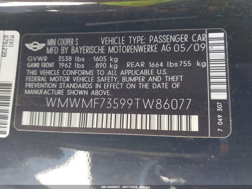 2009 Mini Cooper VIN WMWMF73599TW86077 IAAI salvage auction — ROLLOVER, Bill Of Sale (Washington), sold $175 on 2026-07-15 (photo 9)