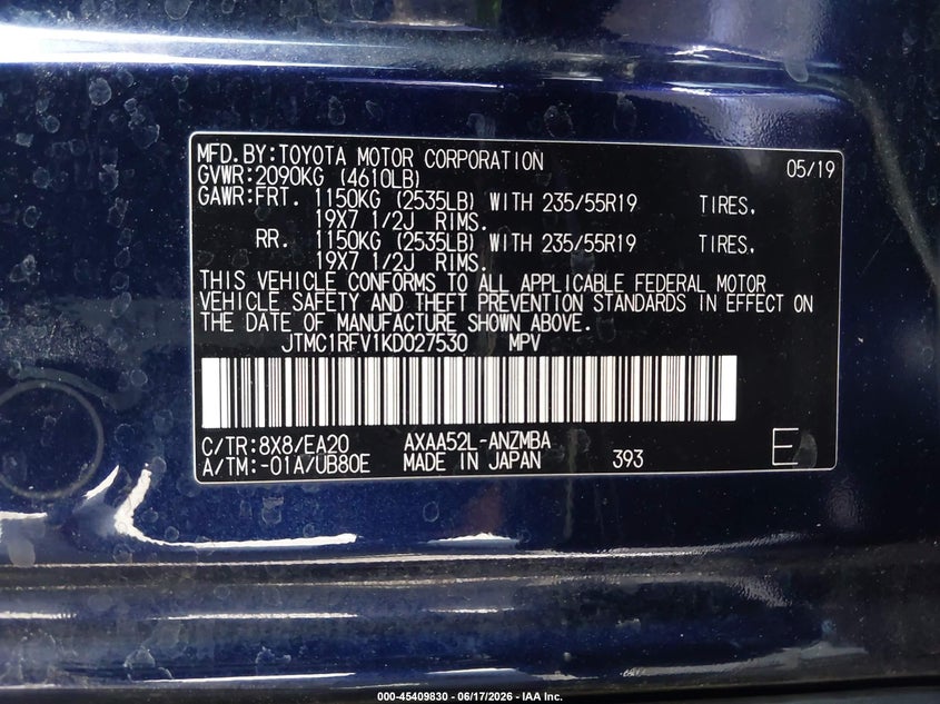 2019 Toyota Rav 4 VIN JTMC1RFV1KD027530 IAAI salvage auction — LEFT REAR, Salvage (California), sold $8,300 on 2026-07-09 (photo 9)