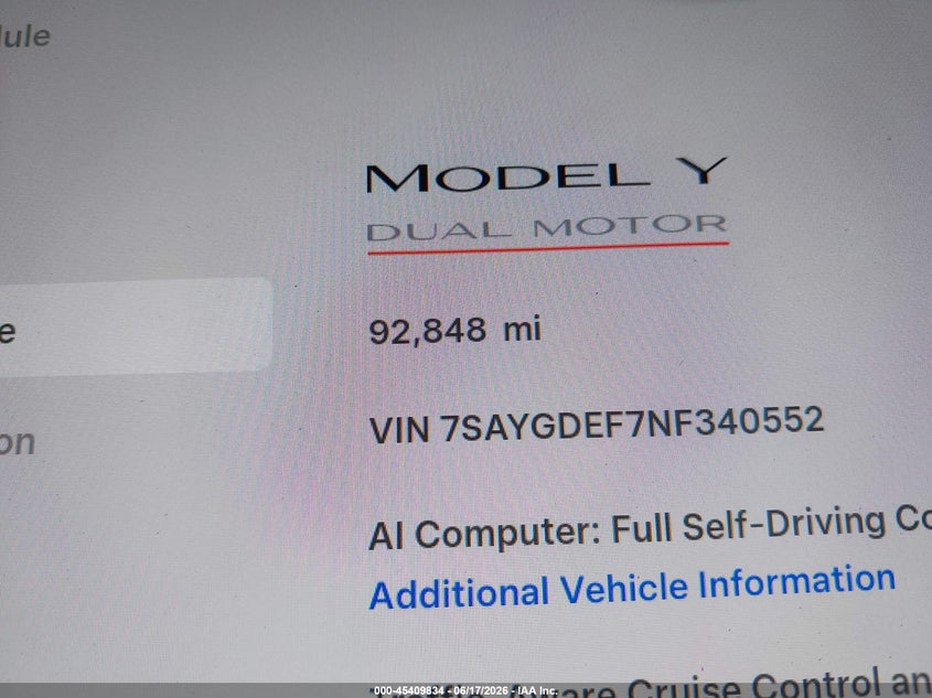 2022 Tesla Model y VIN 7SAYGDEF7NF340552 IAAI salvage auction — REAR END, Wait Title, sold $11,950 on 2026-09-03 (photo 7)